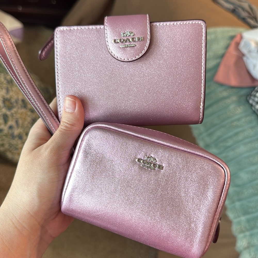 Coach Shimmering Pink corner zip wallet & pouch wristlet